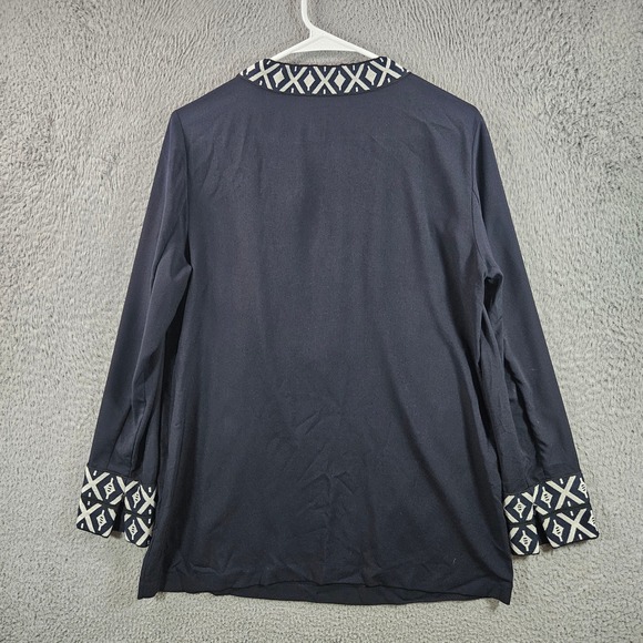 Tory Burch Navy Blue Geometric Embroidered Tunic Top Size 10 Polyester - Picture 8 of 12